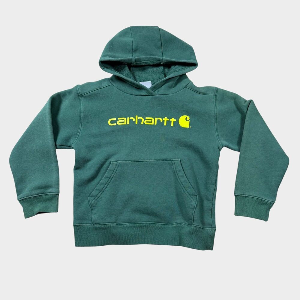 Carhartt Kids Hoodie Green Yellow Logo Graphic Pullover Sweatshirt Youth Size S